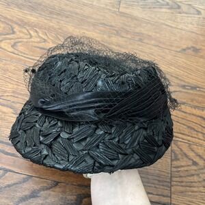 Vintage Black Woven Straw Pillbox Hat with Band Detail Union Made 615105 USA